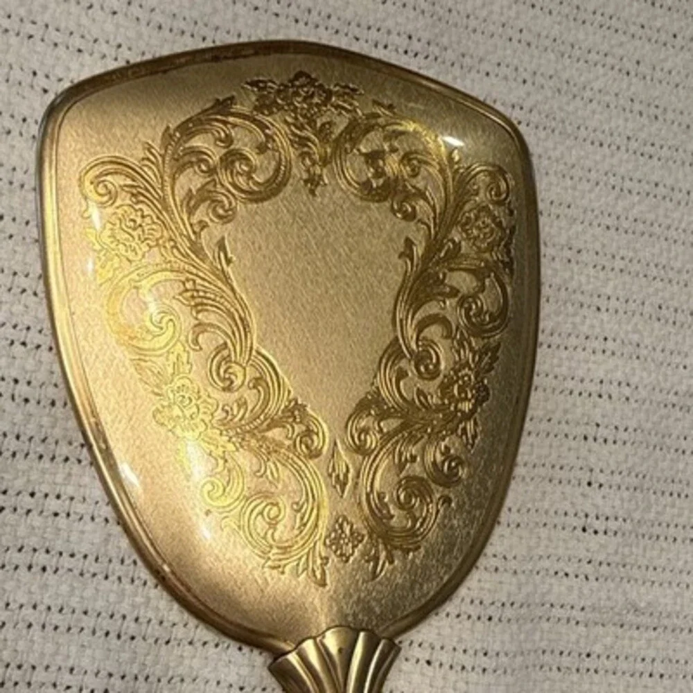 Fancy Vintage 24K Gold Plated Vanity Dresser Set-Hand Mirror-Brush-Combo 19”